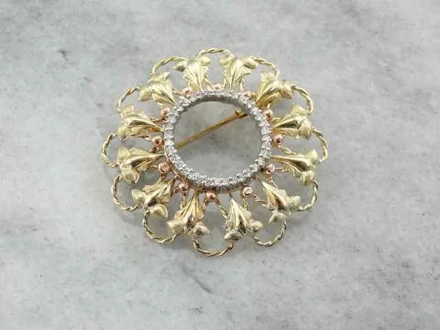 Ladies daring glow brooches -Vintage Gold and Diamond Brooch with Rose Gold Accents