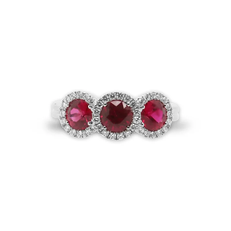 Ladies Rings with Anchor Shine-18k White Gold Three Stone Ruby & Diamond Halo Ring