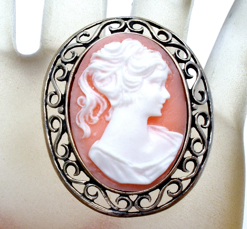 Ladies initial glow brooches -Vintage Cameo Brooch Pin Sterling Silver