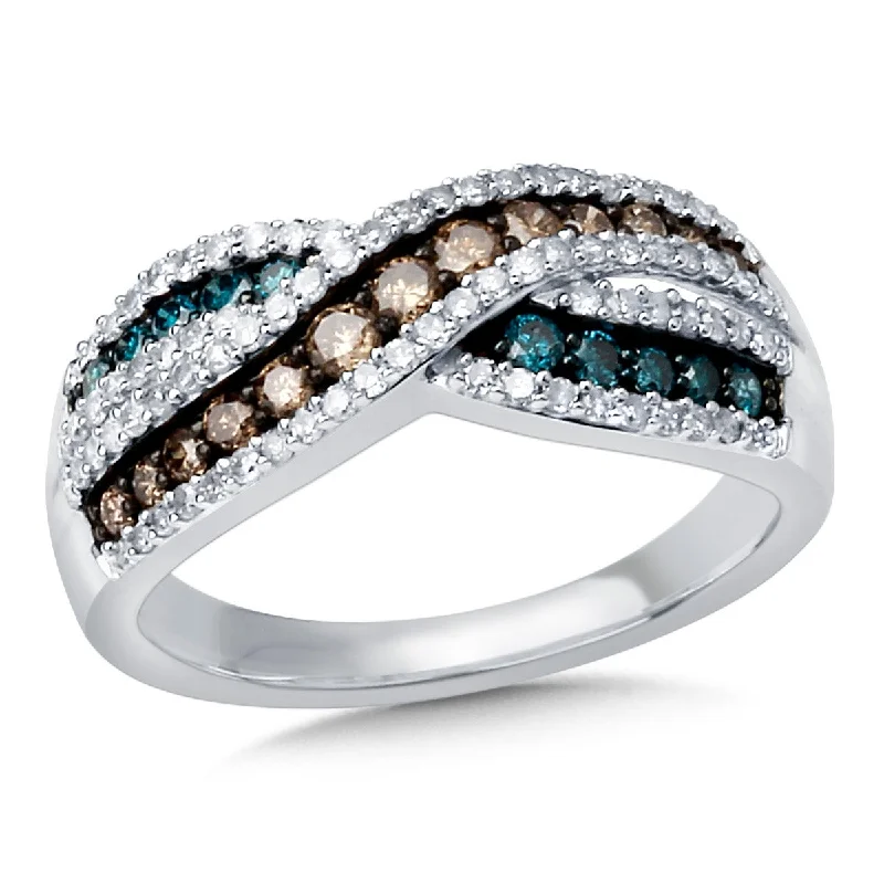 Ladies Rings with Round Shine-14K White Gold Blue and Brown Color Diamond Twist Ring