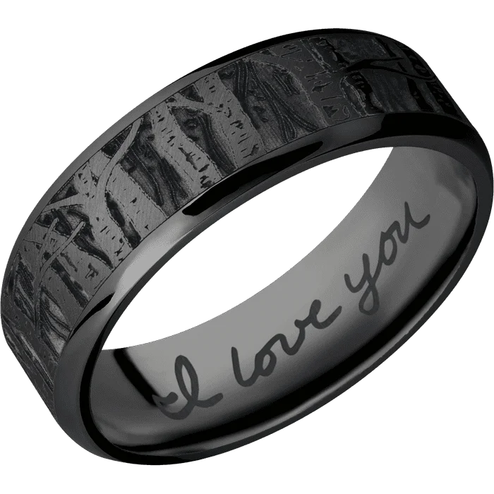 Ladies Rings for Date Glow-7mm wide Beveled Black Titanium Ring with Angle Satin Finish / Aspen Design / None Interior Pattern