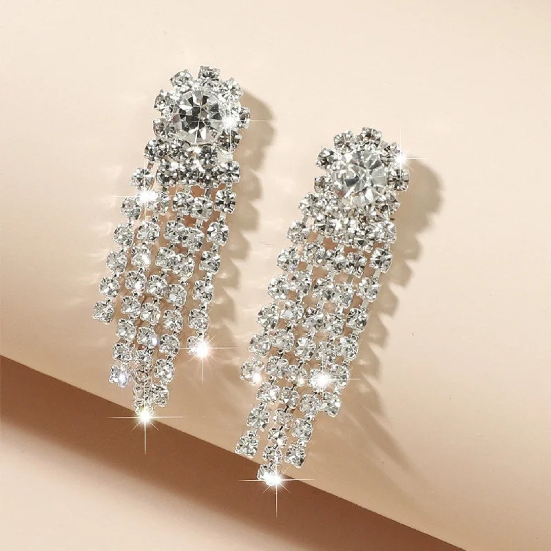 Ladies Earrings for Teacher Shine-Bridal Rhinestone Tassel Earrings JS-037