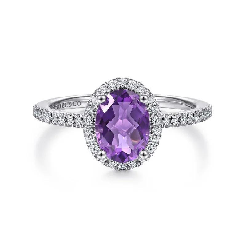 Ladies Rings with Angel Glow-Gabriel & Co. - LR51737W45AM - 14K White Gold Oval Amethyst and Diamond Halo Ring