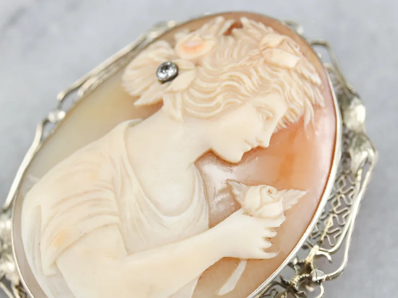 Ladies country grace brooches -Art Deco Girl with Diamond Rose Cameo Brooch