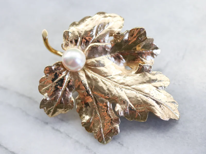 Ladies radiant glitter brooches -Golden Pearl Grape Leaf Brooch