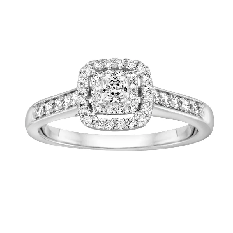 Ladies Rings with Tree Shine-14K White gold  .16CT Princess Shaped Diamond Halo Ring with 42 round 0.22cttw diamonds BLISS2-E-Size 9