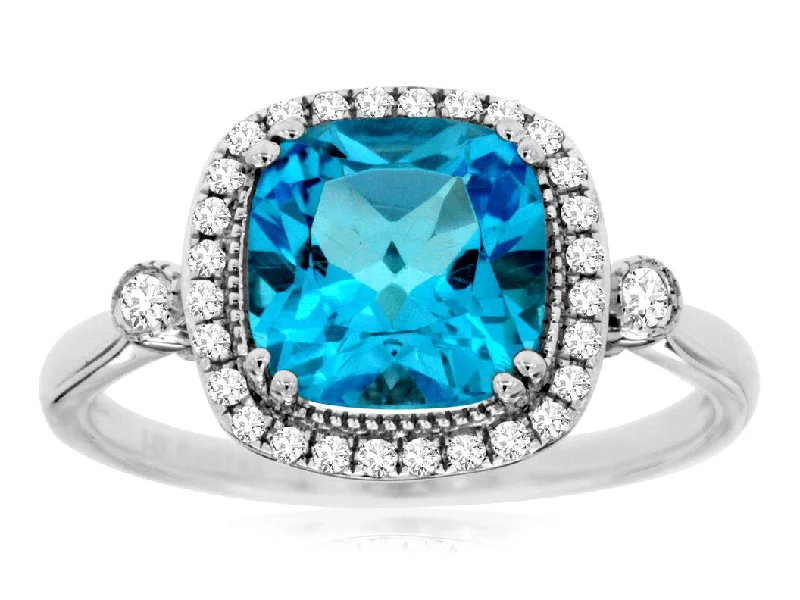 Ladies Rings with Sun Glow-14k White Gold 8mm Cushion Blue Topaz and Diamond Halo Ring WC7496B-BT