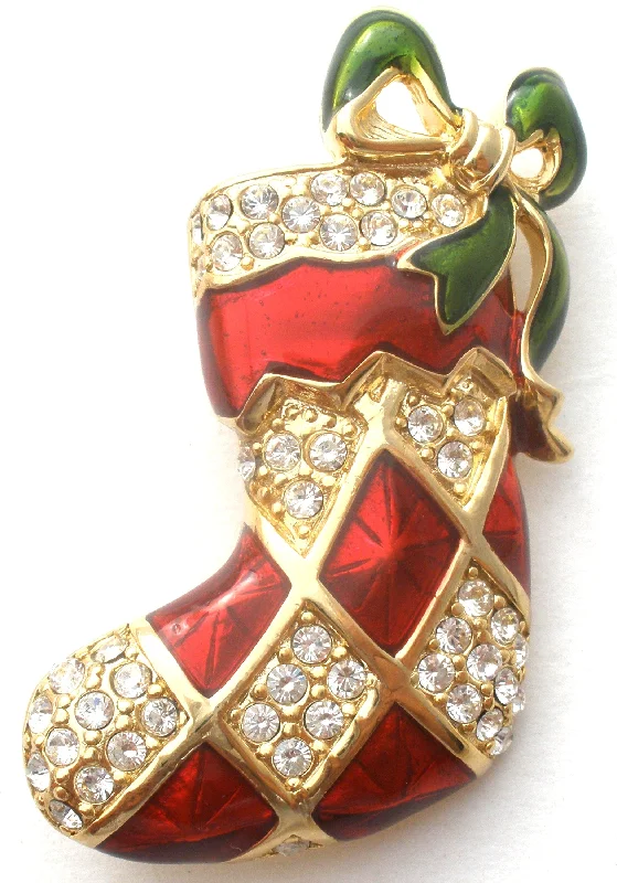 Ladies steampunk twist brooches -Monet Red Enamel Stocking Brooch Pin Christmas