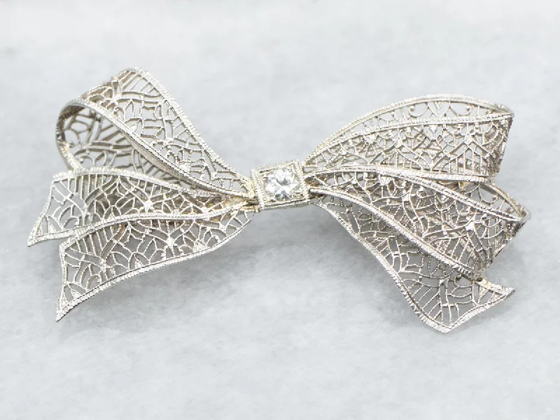 Ladies soothing shine brooches -European Cut Diamond Filigree Bow Brooch