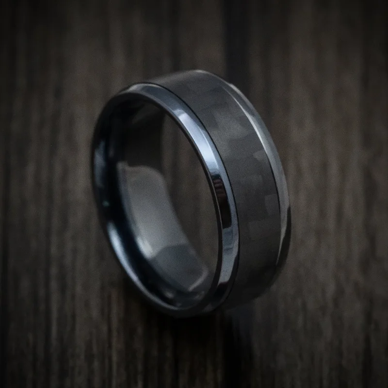 Ladies Rings for Niece Glow-Black Titanium and Black Carbon Fiber Mens Ring