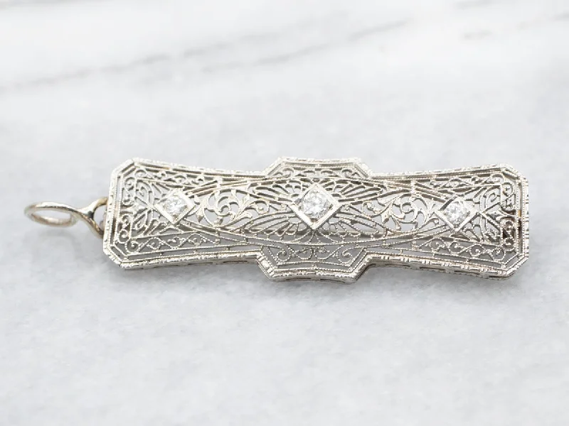 Ladies pure minimal brooches -White Gold Art Deco European Cut Diamond Filigree Brooch or Pendant