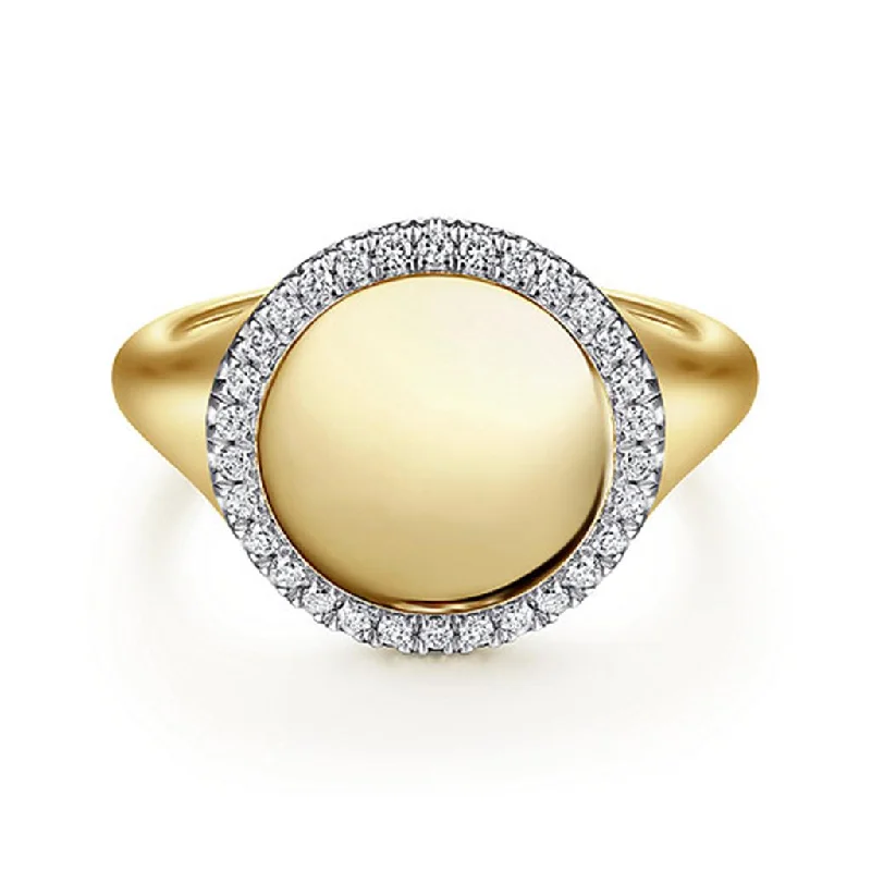 Ladies Rings with Leaf Glow-Gabriel & Co. 14K Yellow Gold Pinky Signet Ring with Diamond Halo