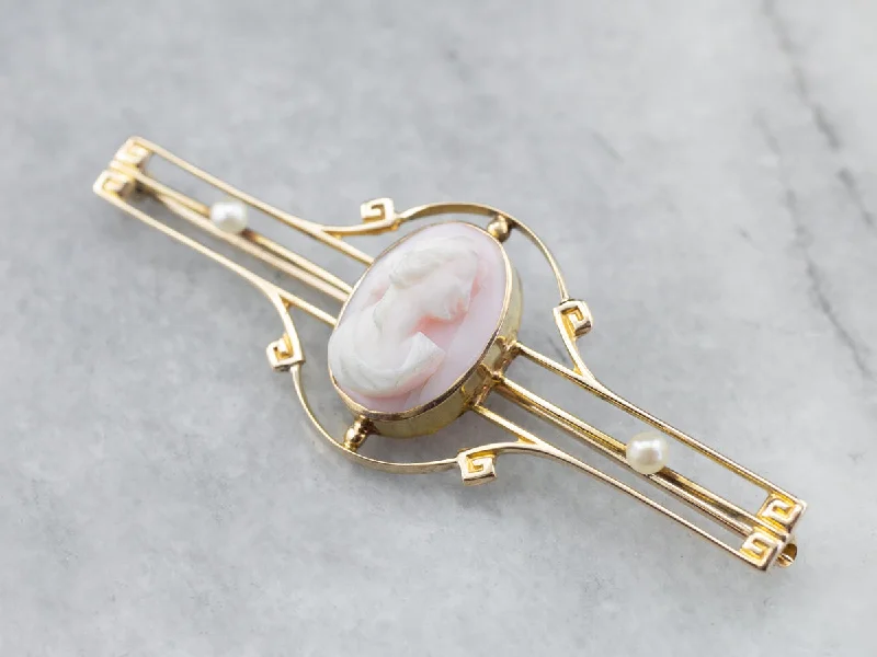 Ladies punk flair brooches -Art Nouveau Pink Cameo Seed Pearl Brooch