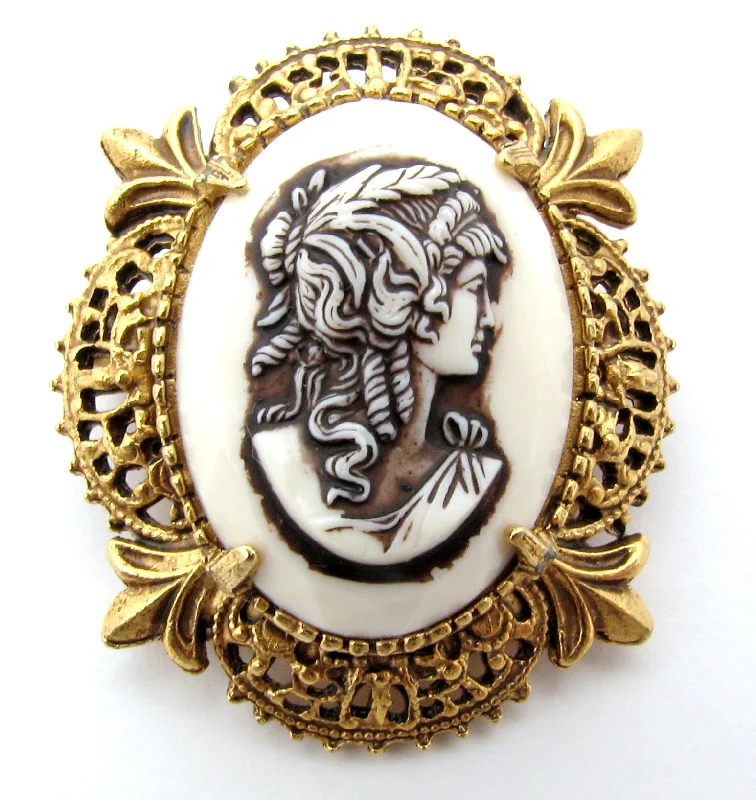 Ladies curated designer brooches -Florenza Cameo Gold Brooch Pin Vintage