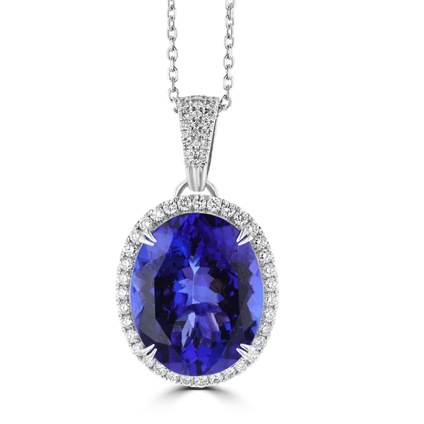 Ladies motivating glow necklaces -18KT WHITE GOLD 20.15CT TANZANITE & 1.32CTW DIAMOND HALO NECKLACE PENDANT