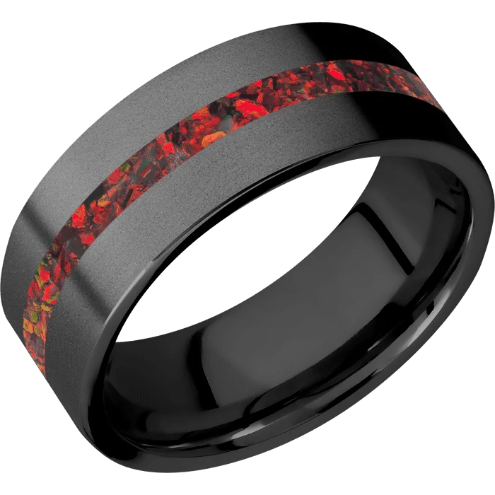 Ladies Rings for Explorer Shine-8mm wide Flat Black Zirconium Ring with Bead Blast Finish / One 2mm Centered Ruby Red Opal Inlay