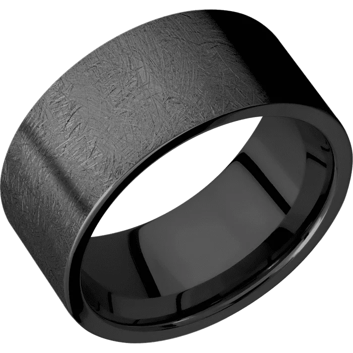 Ladies Rings with Filigree Glow-10mm wide Flat Black Titanium Ring with Distressed Finish