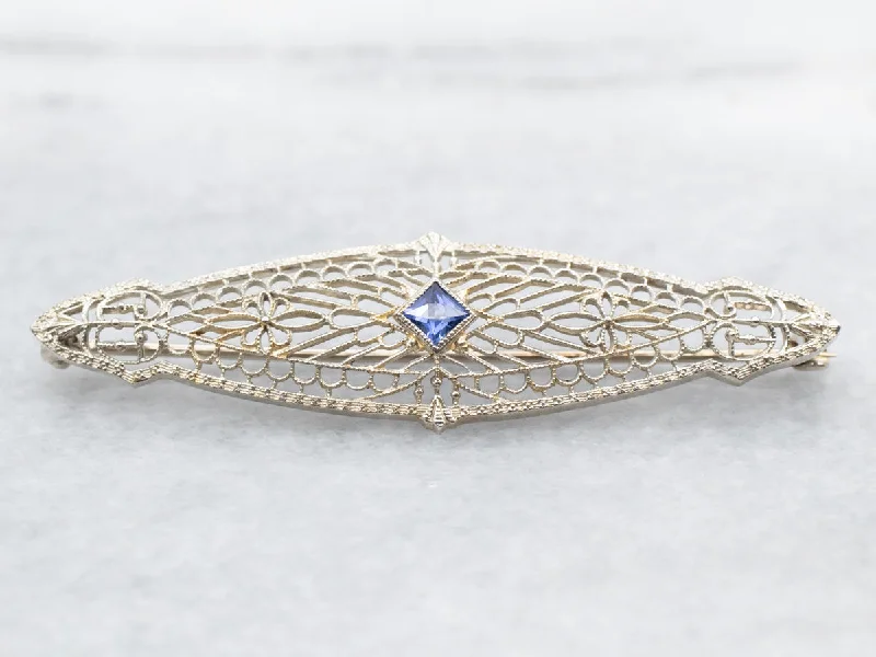 Ladies sparkling diamond brooches -White Gold Art Deco Synthetic Sapphire Filigree Brooch