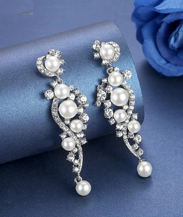 Ladies Earrings with Cyan Euclase-MEC-006 Crystal Pearls Long Drop Earrings Bridal Wedding Jewelry