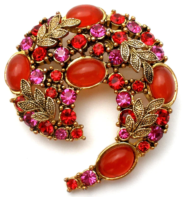 Ladies mountain ridge brooches -Vintage Brooch With Red Orange and Pink Rhinestones