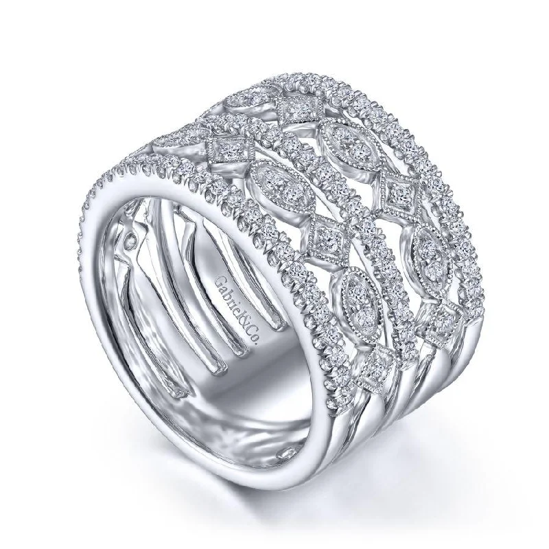 Ladies Rings Wide Glow-Gabriel & Co. - LR52049W45JJ - Wide Vintage Inspired 14K White Gold Diamond Ring