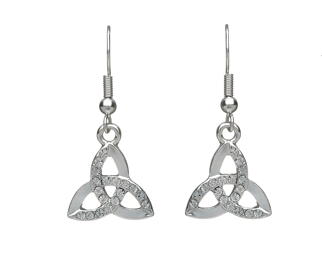 Ladies Earrings with Clear Zircon-Celtic Trinity Knot with Clear Stones Silver Plated Drop Earrings by Woods Celtic Jewllery