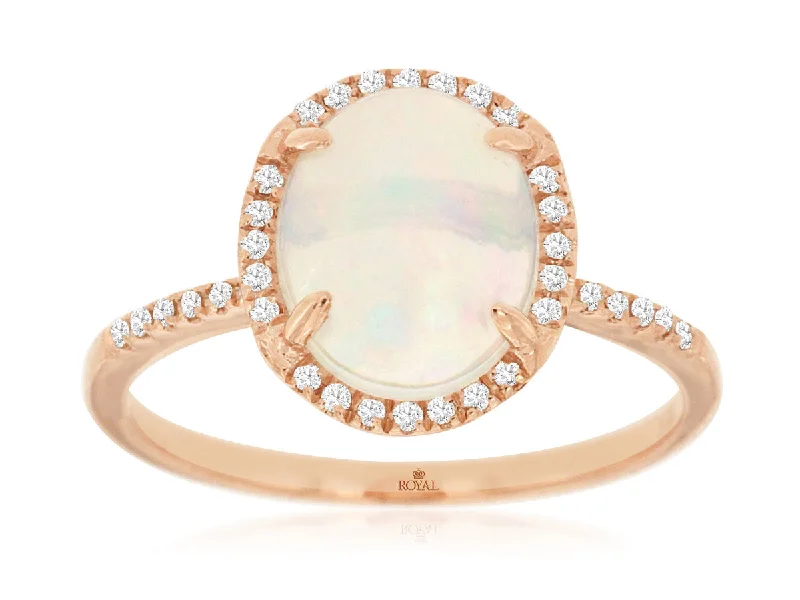 Ladies Rings Crafted Spark-Rose Gold Oval Opal Halo Ring