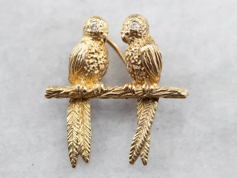 Ladies matte elegance brooches -Two Parrots Diamond Gold Brooch