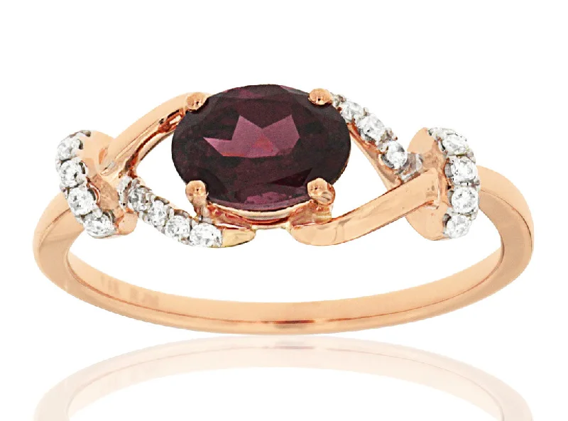 Ladies Rings Curved Glow-14k Rose Gold Oval Rhodolite Garnet and Diamond Ring PC6057L-GAR