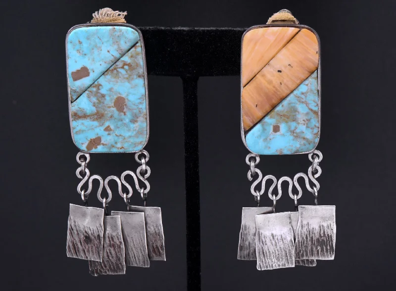 Ladies Earrings with Star Shine-Consuelo Campos - Vintage Handmade Turquoise and Shell Sterling Silver Clip On Earrings