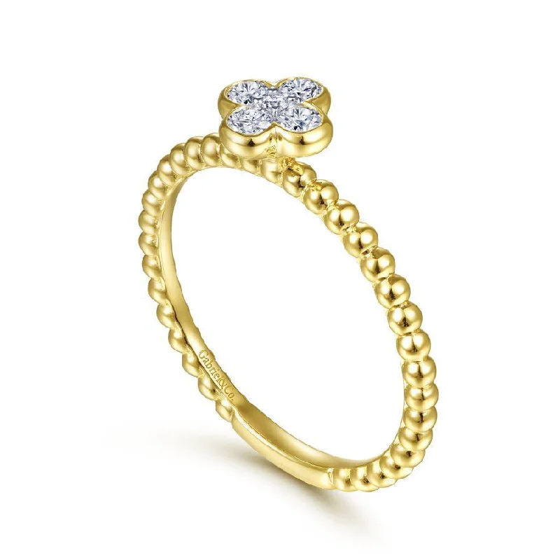 Ladies Rings with Bead Shine-Gabriel & Co. - LR51911Y45JJ - 14K Yellow Gold Diamond Cluster Clover and Bujukan Bead Ring