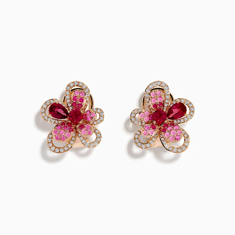 Ladies Earrings with Spiral Shine-Nature 14K Rose Gold Pink Sapphire, Rhodolite and Diamond Flower Earrings