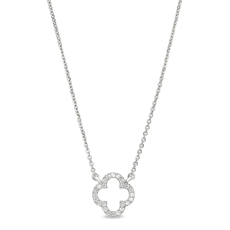 Ladies harmonious flair necklaces -Platinum Finish Sterling Silver Micropave Open Clover Necklace with Simulated Diamonds on 16"-18" Adjustable Chain