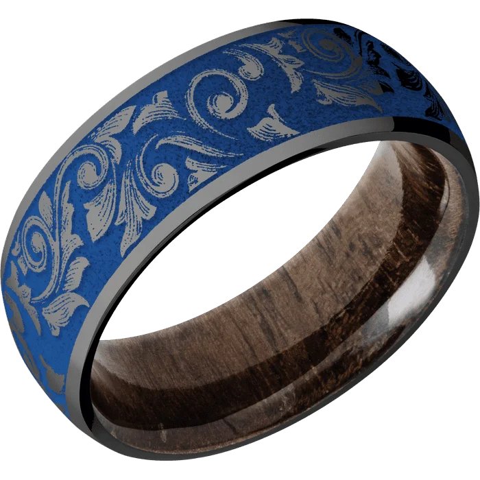 Ladies Rings with Cosmic Gem-8mm wide Domed Black Zirconium Ring with Polish Finish / Western Scroll Design and Royal Blue Cerakote Accents / Walnut Sleeve