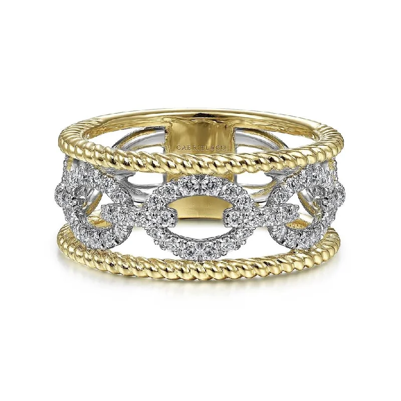 Ladies Rings with Globe Spark-Gabriel & Co. 14K White-Yellow Gold Diamond Link and Twisted Rope Ring