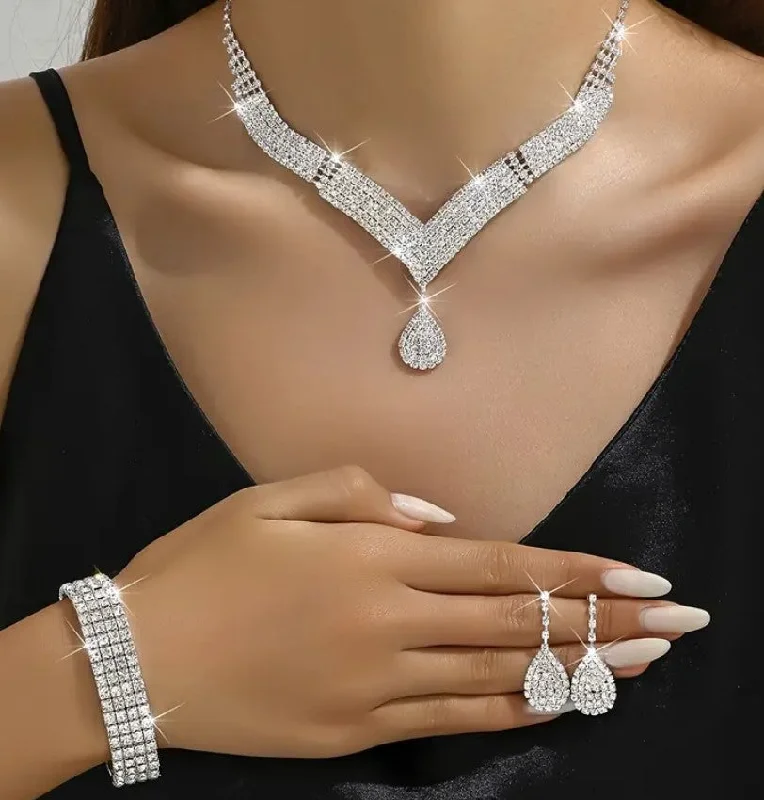 Ladies Earrings Classic Spark-3pcs SILVER Jewelry Set l Rhinestone Earrings l Necklace l Bracelet l Prom l Wedding  JS-917