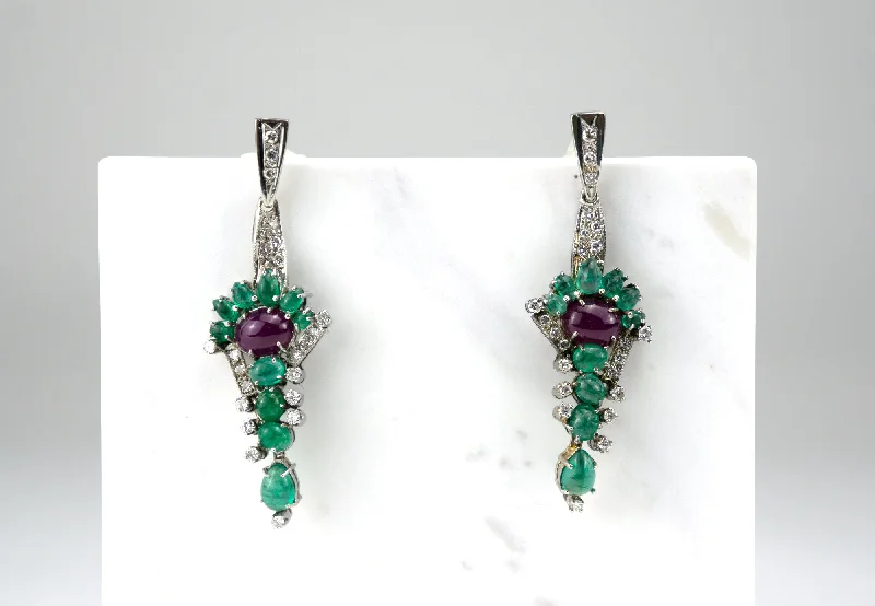 Ladies Earrings with White Muscovite-Diamond Emerald Ruby Platinum Earrings