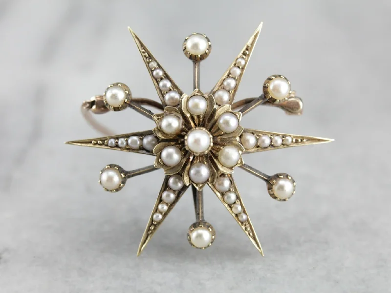 Ladies peaceful jade brooches -Antique Seed Pearl Starburst Brooch