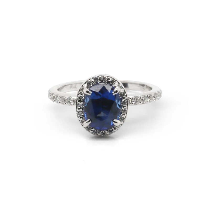 Ladies Rings with Crown Glow-14k White Gold Oval Sapphire & Diamond Ring