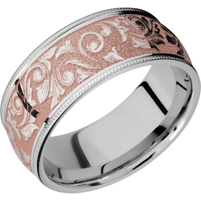 Ladies Rings for Special Spark-9mm wide Domed Milgrain Edges Titanium Ring with Polish Finish / Western Scroll Design and Rose Gold Cerakote Accents