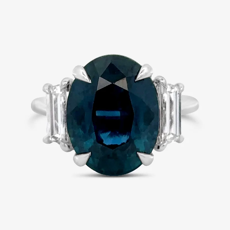 Ladies Rings with Initial Shine-10.70CT Blue Sapphire & Trapezoid Diamond Ring