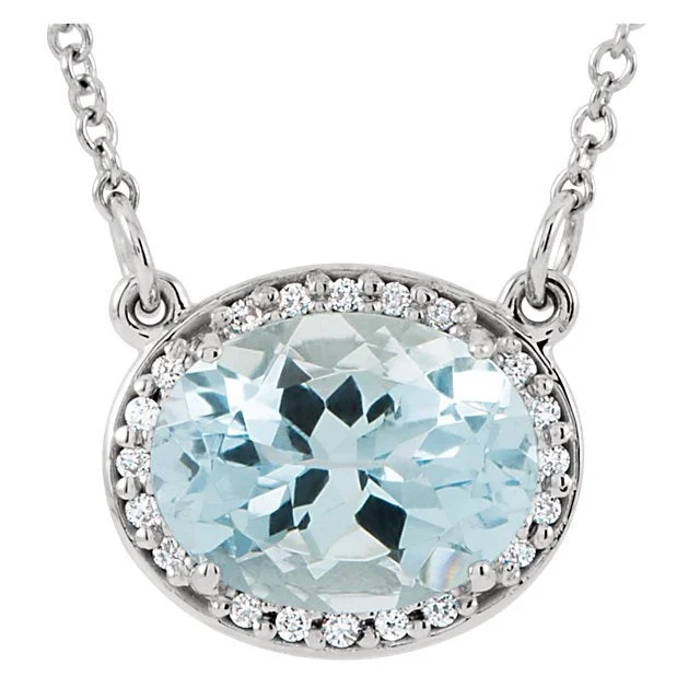 Ladies spring petal necklaces -14KT GOLD 1.70 CT AQUAMARINE & .05 CTW DIAMOND HALO NECKLACE