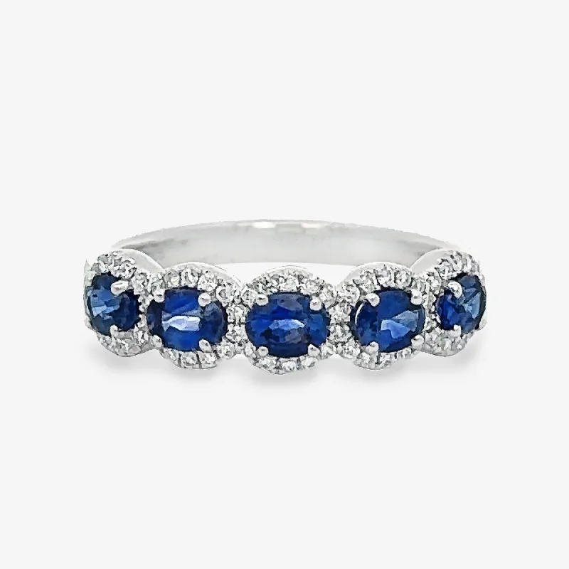 Ladies Rings with Bead Shine-East West Sapphire & Diamond Halo Ring