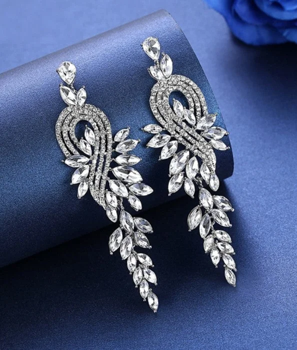 Ladies Earrings with White Colemanite-MEC-009 Crystal Pearls Long Drop Earrings Bridal Wedding Jewelry