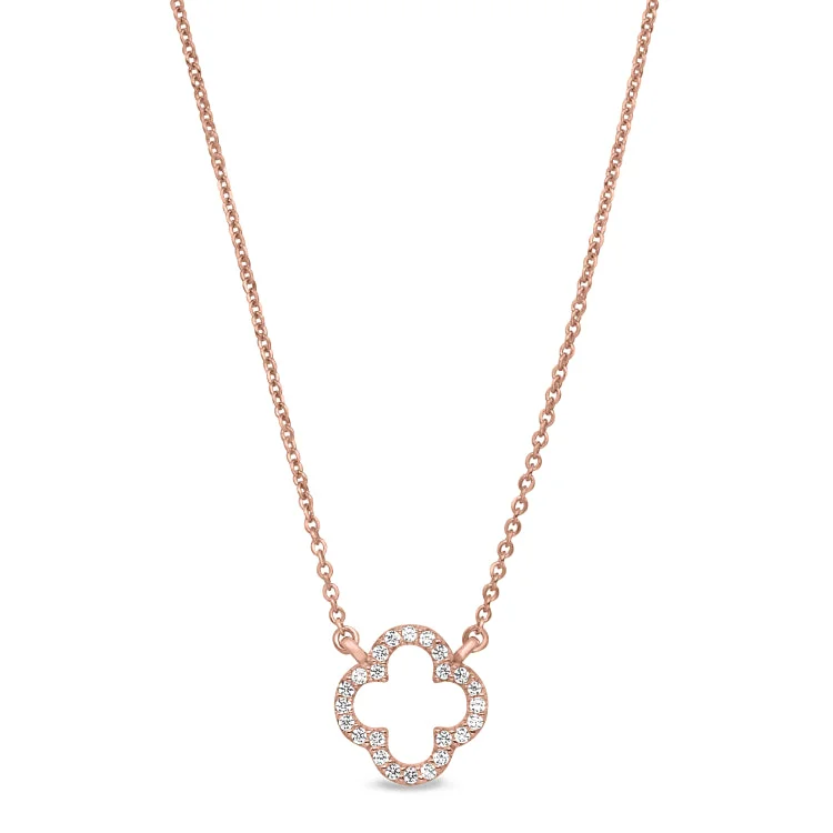 Ladies dazzling shimmer necklaces -Rose Gold Finish Sterling Silver Micropave Open Clover Necklace with Simulated Diamonds on 16"-18" Adjustable Chain