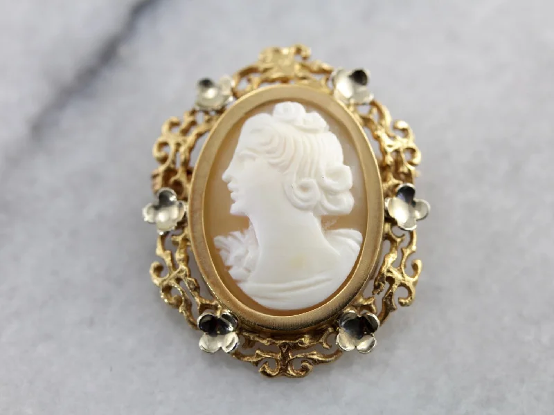 Ladies curated designer brooches -Vintage Cameo Brooch with Lovely Floral Frame