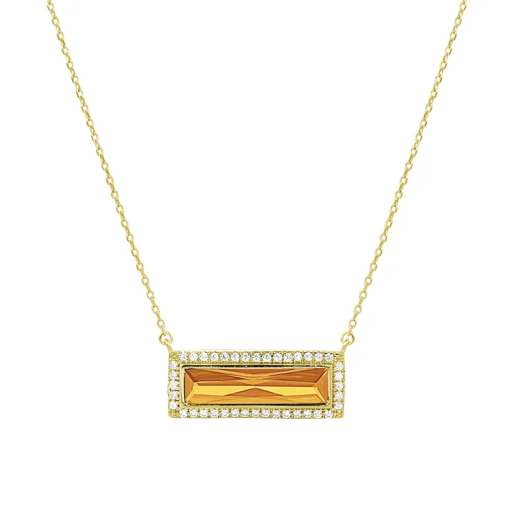 Ladies holiday cheer necklaces -Gold Finish Sterling Silver Necklace with Rectangular Simulated Citrine Stone and Simulated Diamonds on 16" - 18" Chain