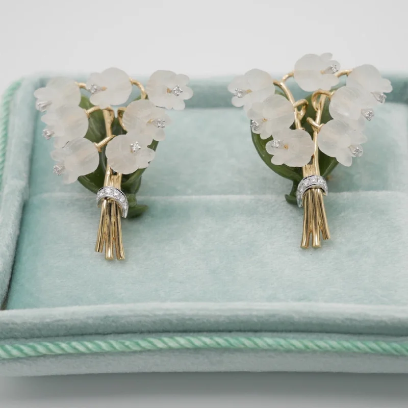 Ladies Earrings with Striped Agate-Rock Crystal, Diamond, Nephrite and 18K Lily of the Valley Earrings, Antique Inspired