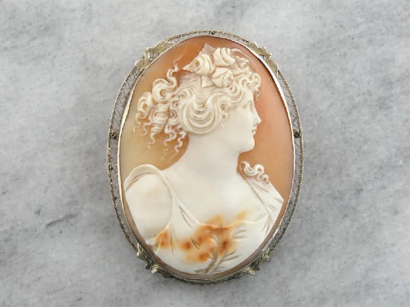 Ladies elegant pin brooches -Art Deco Cameo White Gold Brooch Pendant