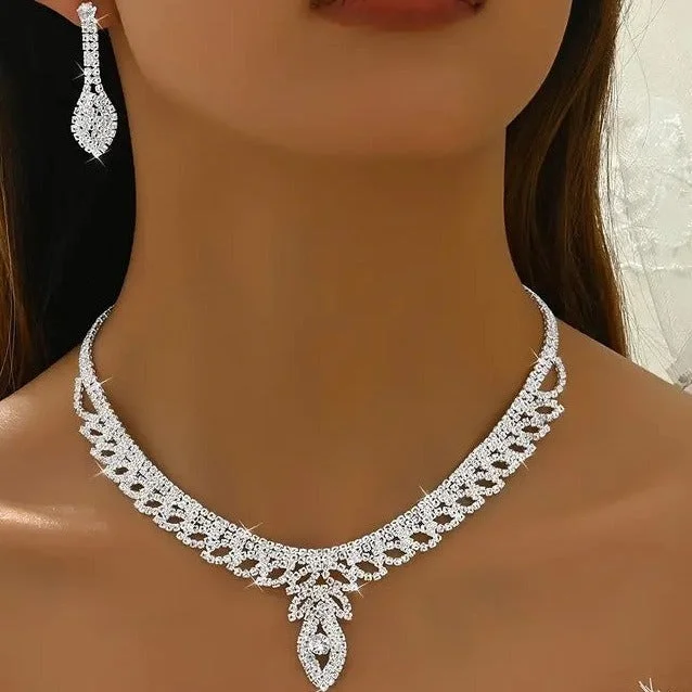 Ladies Earrings with Silver Spark-4pcs Jewelry Set l Rhinestone Earrings l Necklace l Bracelet l Prom l Wedding JS-941